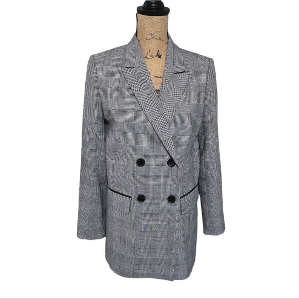 DKNY Plaid Double Breasted Blazer Jacket Black White Gray Business‎ Casual